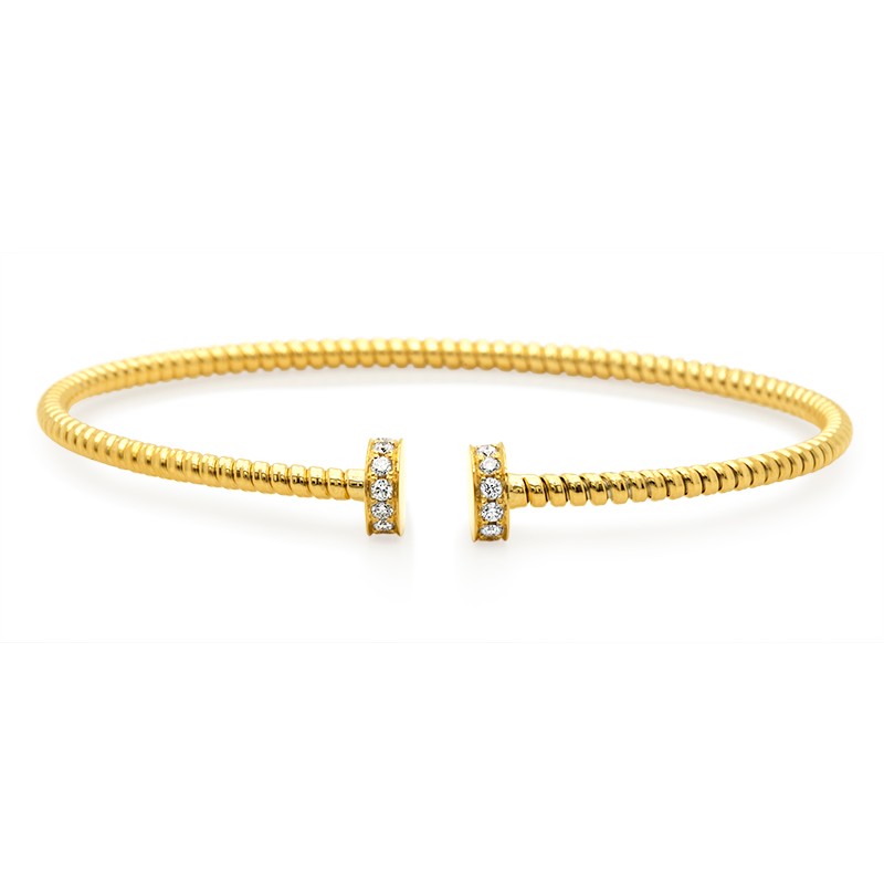 18k Yellow Gold Corrugated Wire Flat Pave Diamond End Flex Bangle