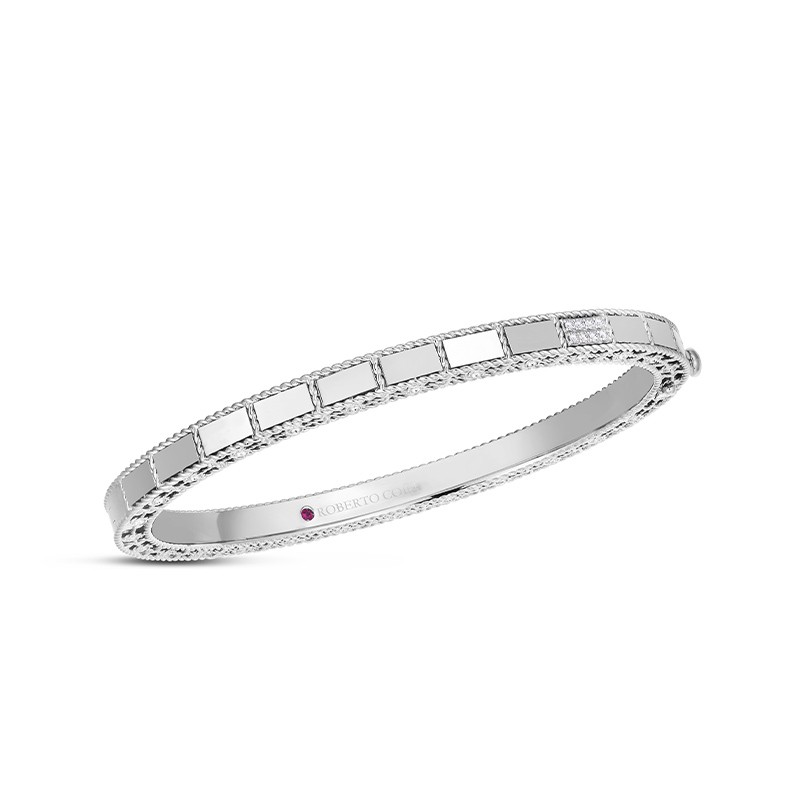 18K White Gold Art Deco Mosaic Diamond Accent Bangle