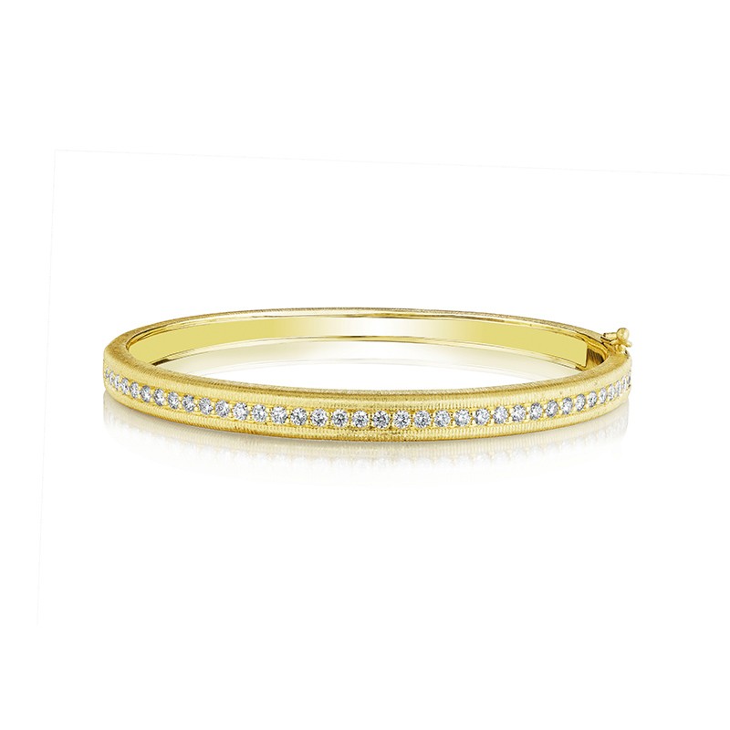 18K Yellow Gold Diamond Textured Bangle