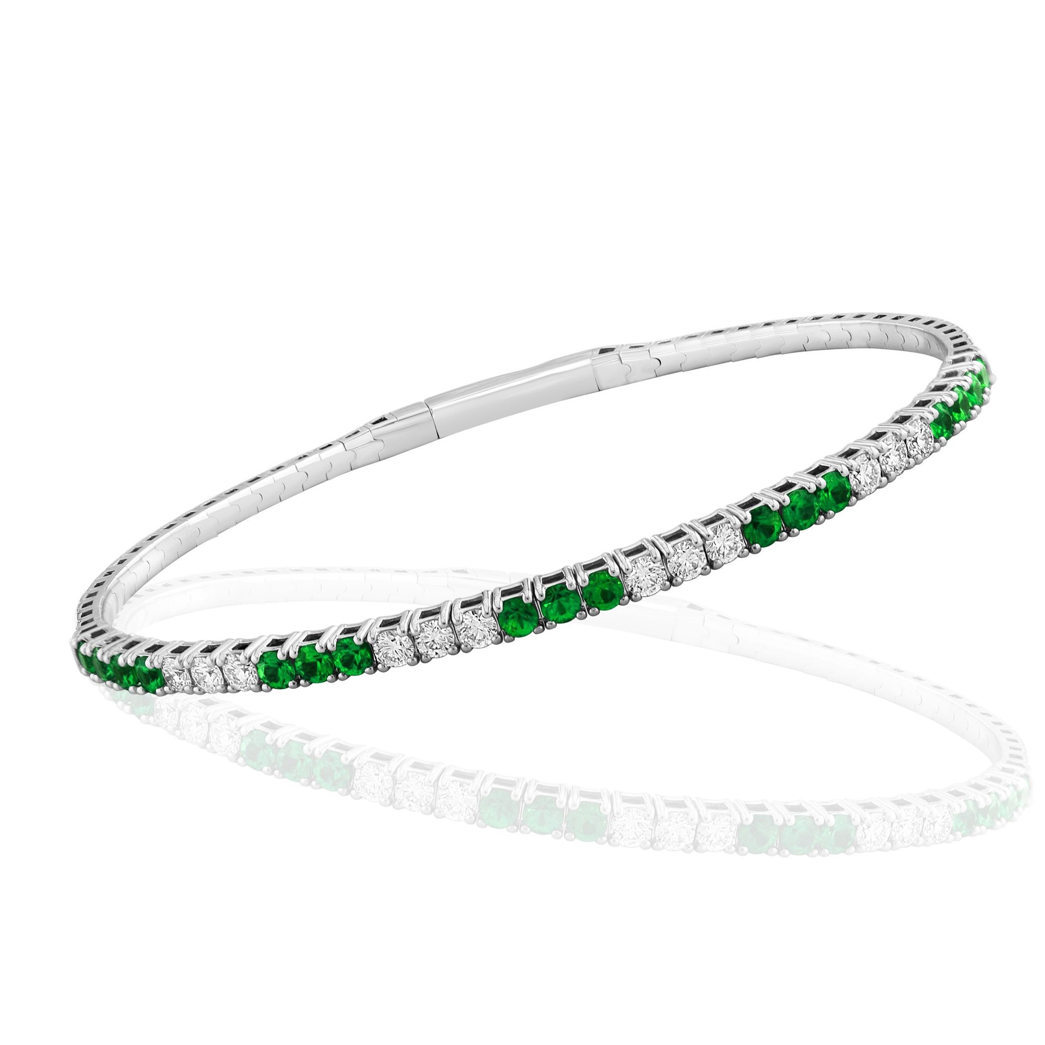 18K White Gold Diamond and Emerald Flex Bangle