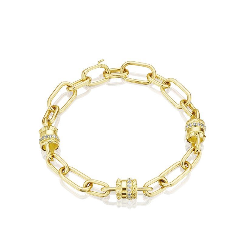 18K Yellow Gold 3 Diamond Rhondell Station Oval Link Bracelet