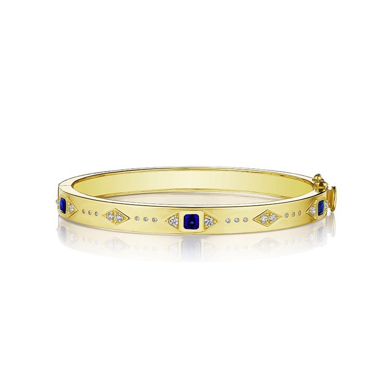 18K Yellow Gold Sapphire and Diamond Station Bangle 