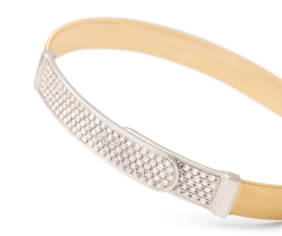18K Yellow Gold Coil and Diamond Pavé Bangle Bracelet, Thin
