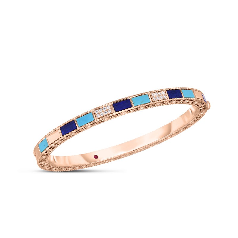 18K Rose Gold Art Deco Mosaic Alternating Blue Lapis, Diamond, & Turquoise Bangle