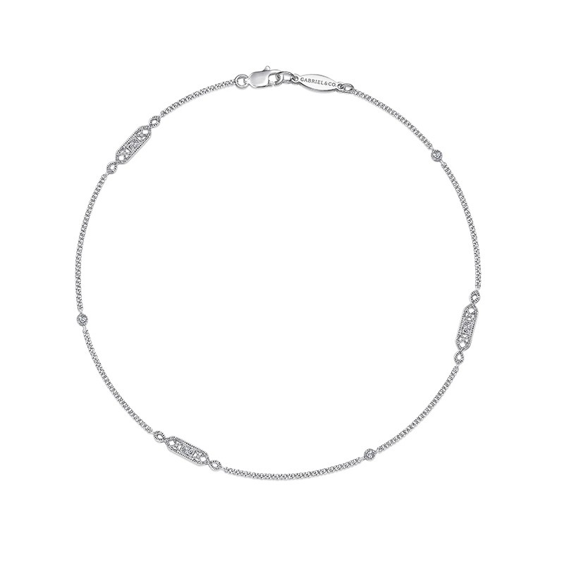 14K White Gold Ankle Bracelet with Geometric Diamond Stations