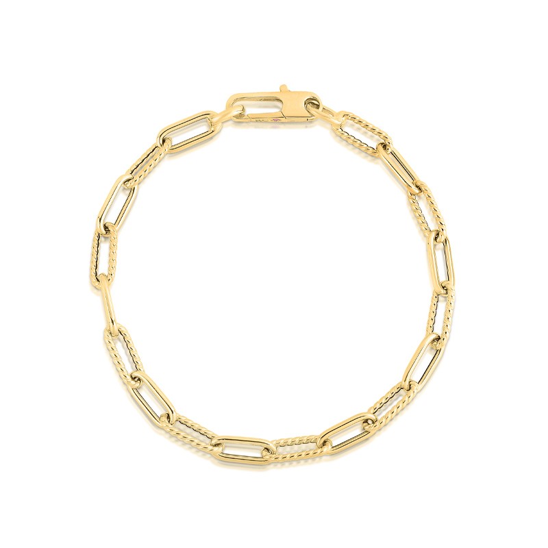 18K Yellow Gold Designer Gold Alternating Polished and Fluted Paperclip Link Bracelet