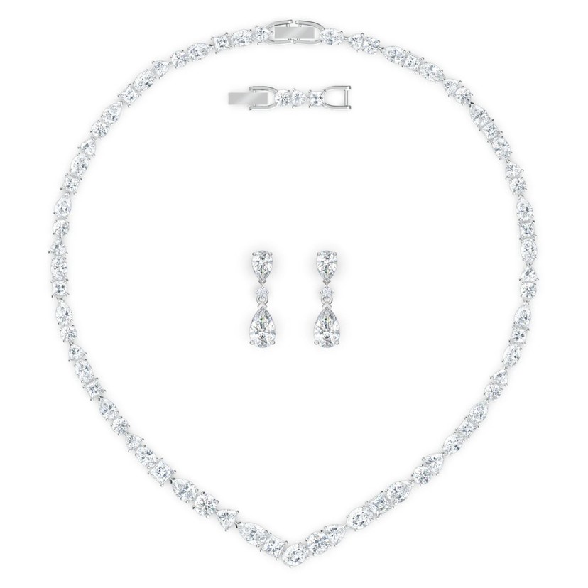 Rhodium Plated Tennis Deluxe Crystal Necklace and Earrings Set
