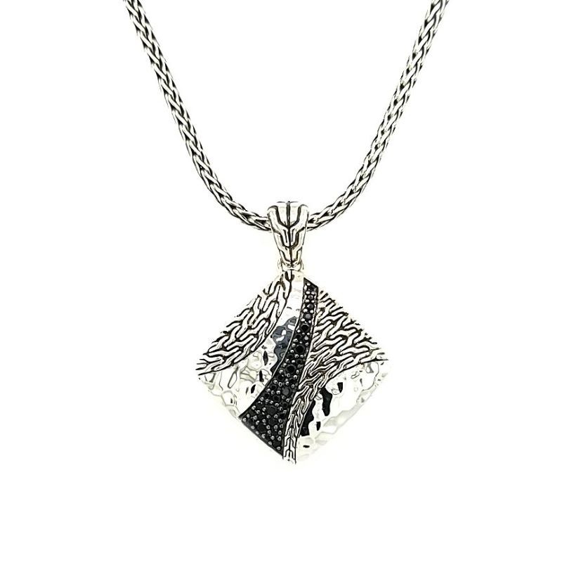 Silver Black Sapphire Square Pendant Necklace