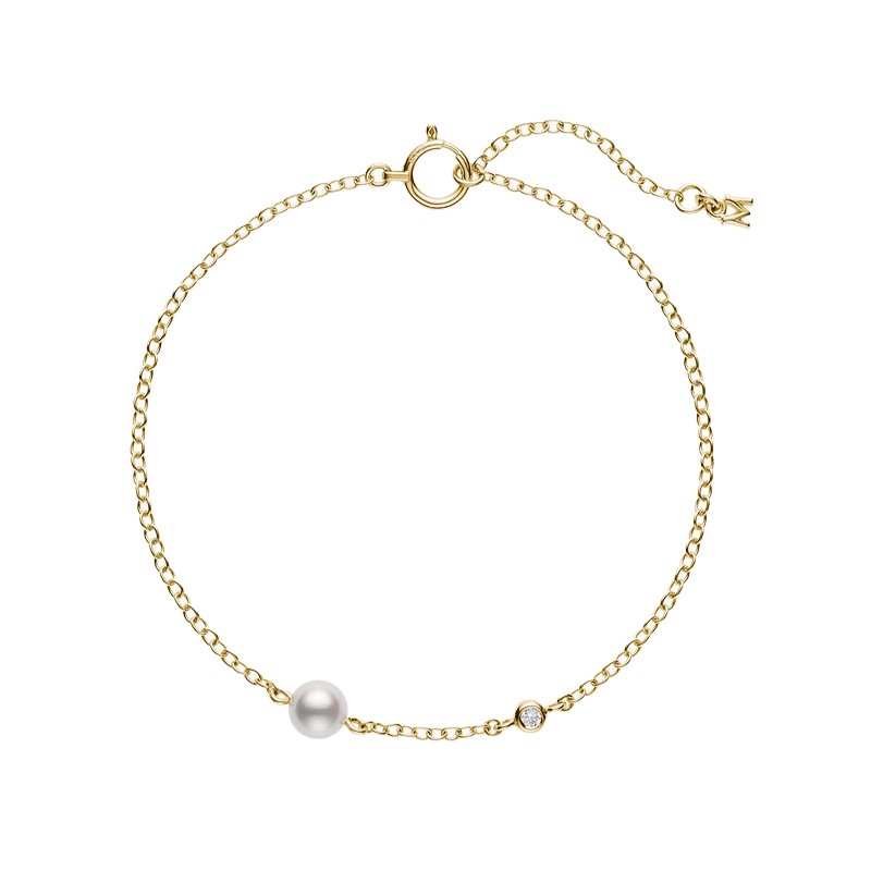 18K Yellow Gold Akoya Cultured Single Pearl and Diamond Station Bracelet