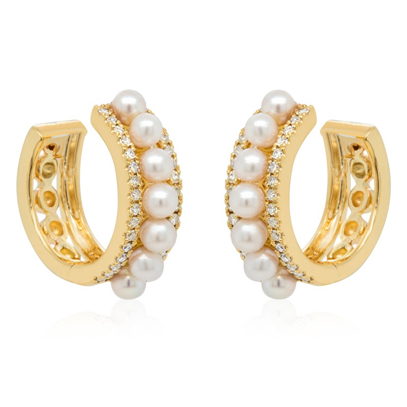 14k Yellow Gold Pearl Diamond Huggie Earrings