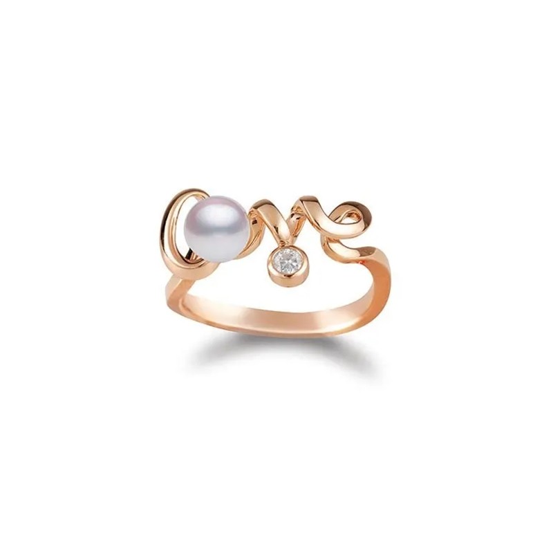 Cherish Love Akoya Cultured Pearl and Diamond Ring in 18K Pink Gold