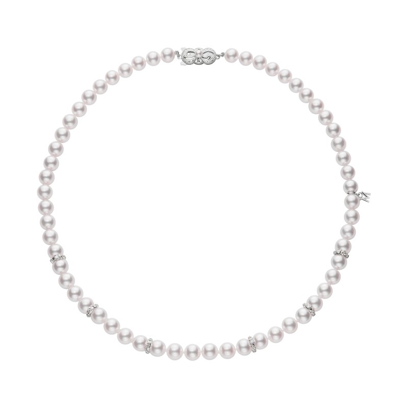 18K White Gold Akoya Cultured Pearl Necklace with Six Diamond Rondelles