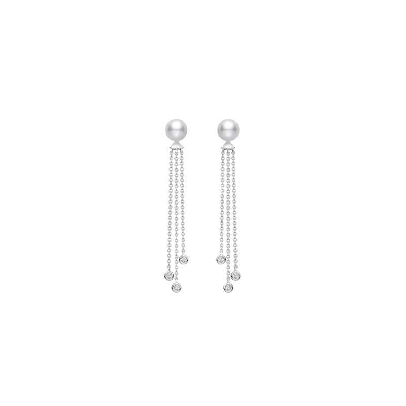 18K White Gold Akoya Cultured Pearl and Diamond Dangle Drop Earrings