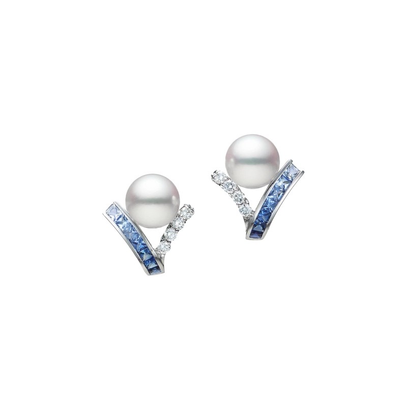 18K White Gold Akoya Cultured Pearl and Sapphire Earrings