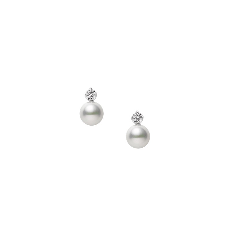 18K White Gold Classic Akoya Cultured Pearl Earrings with Diamonds