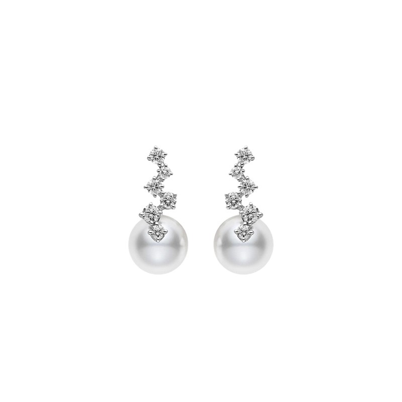 18K White Gold Akoya Cultured Pearl and Diamond Drop Earrings 