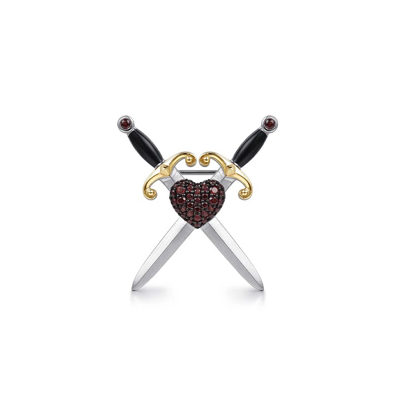 Silver and 14K Yellow Gold Garnet Dagger Mens Pin