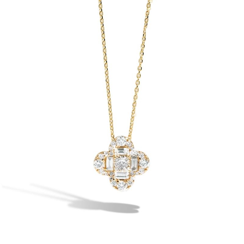 14k Yellow Gold Diamond Clover Flower Necklace