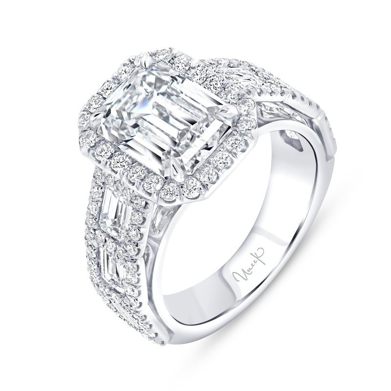Platinum Halo Emerald Cut Diamond Engagement Ring