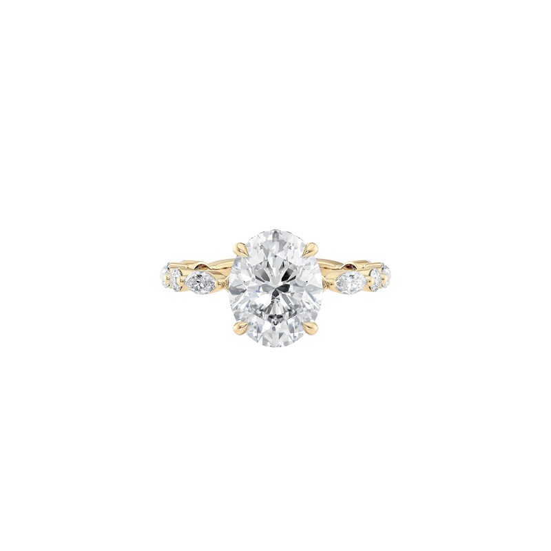 18K Yellow Gold Oval Center Stone and Alternating Band Engagement Mounting