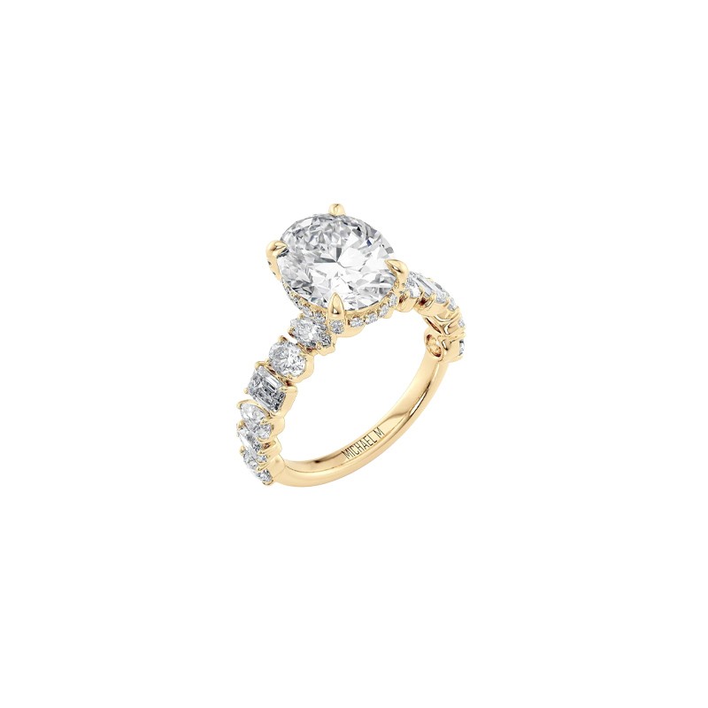 18K Yellow Gold Oval Center Stone and Alternating Diamond Band Engagement Mounting