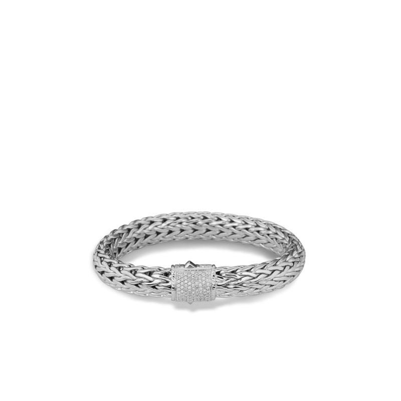 Silver Large Carved Chain Diamond Pave Bracelet