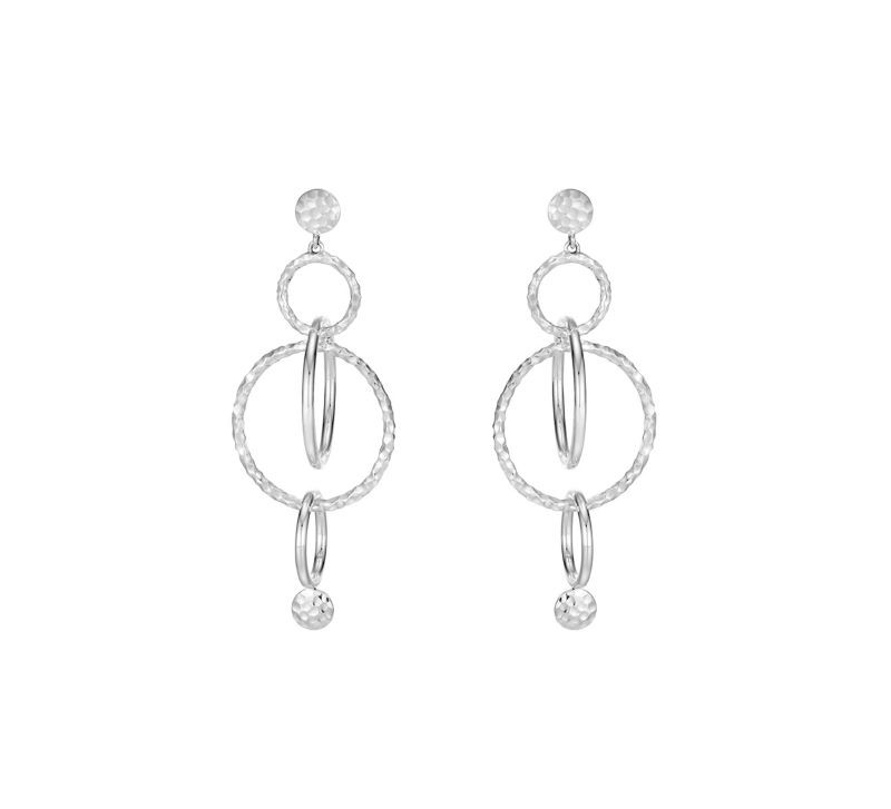 Silver Hammered Dot Open Circle Drop Earrings