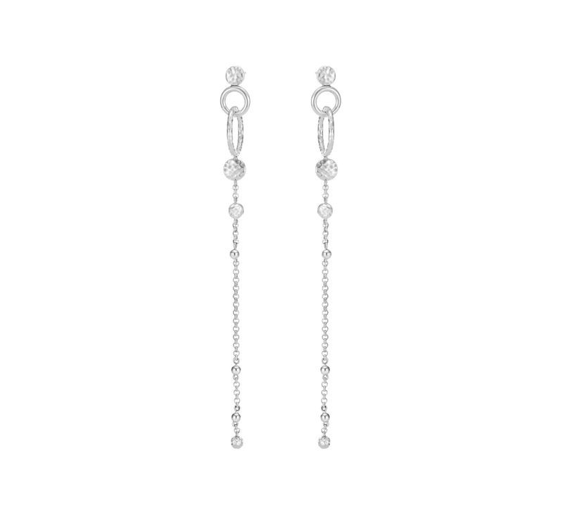 Silver Hammered Long Dot Drop Earrings