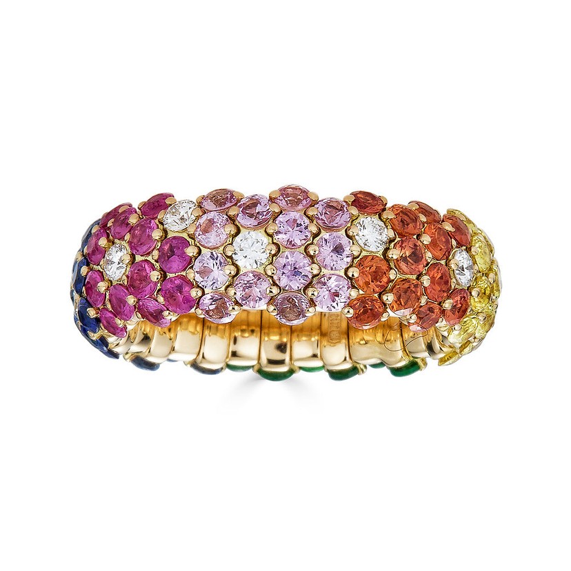 18k Yellow Gold 3 Row Diamond Rainbow Sapphire Ring