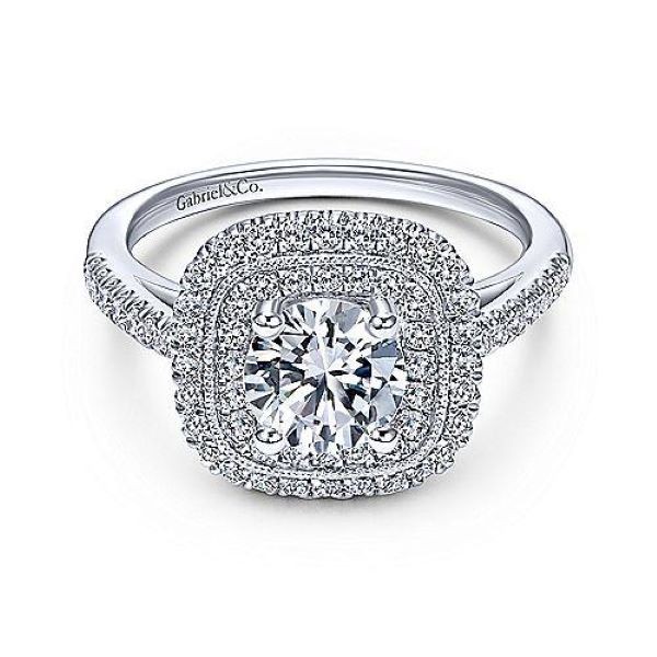 14k White Gold Diamond Double Cushion Halo Engagement Mounting