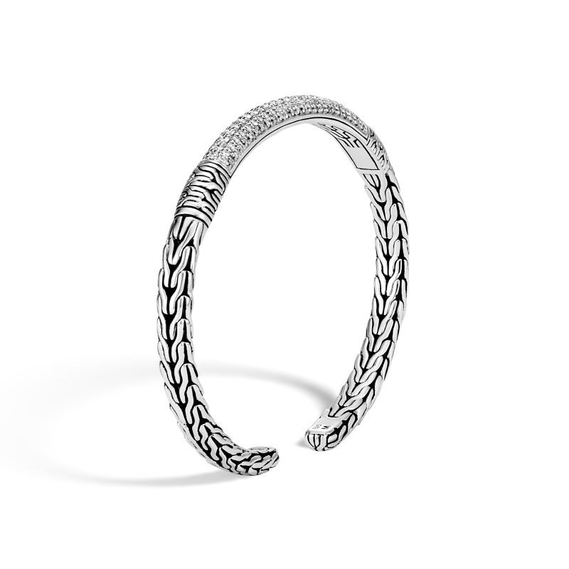 Silver Classic Chain Pave Diamond Cuff Bracelet