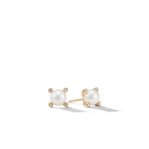 Cable Pearl Stud Earrings in 18K Yellow Gold with Diamonds