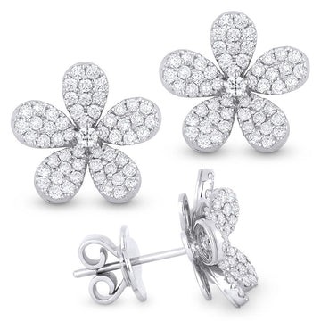 14k White Gold Large Diamond Flower Earrings