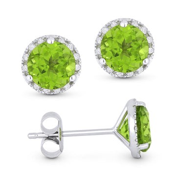 14k White Gold 6mm Round Peridot and Diamond Stud Earrings