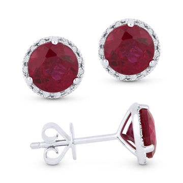 14k White Gold Round Red Ruby Corundum Stud Earrings