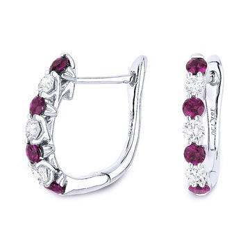 14k White Gold Alternating Ruby and Diamond Huggie Earrings