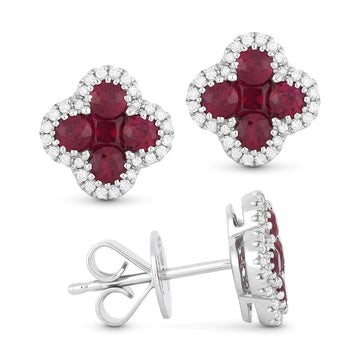 14k White Gold Ruby Clover Diamond Frame Earrings