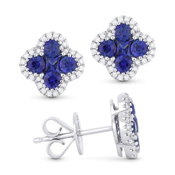 14k White Gold Sapphire Clover Diamond Frame Earrings