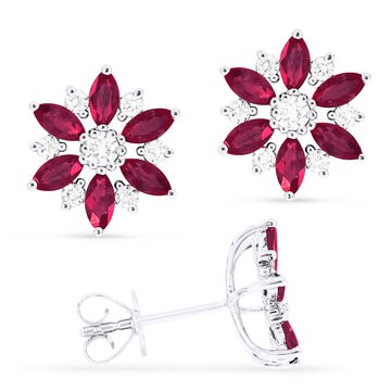 14k White Gold Diamond Sapphire Flower Stud Earrings