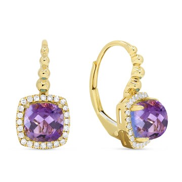 14k Yellow Gold Cushion Amazonite Diamond Frame Earrings