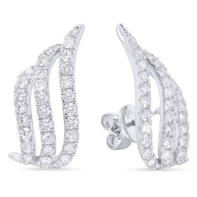 14k White Gold 3 Wavy Pave Diamond Earrings