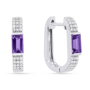 14k White Gold Diamond Rectangle Amethyst Huggie Earrings