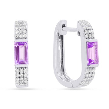 14k White Gold Diamond Rectangle Pink Corundum Huggie Earrings