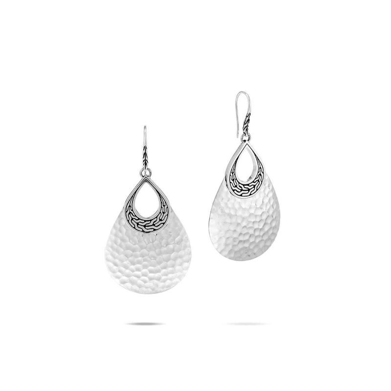 Silver Classic Chain Hammered Teardrop Earrings