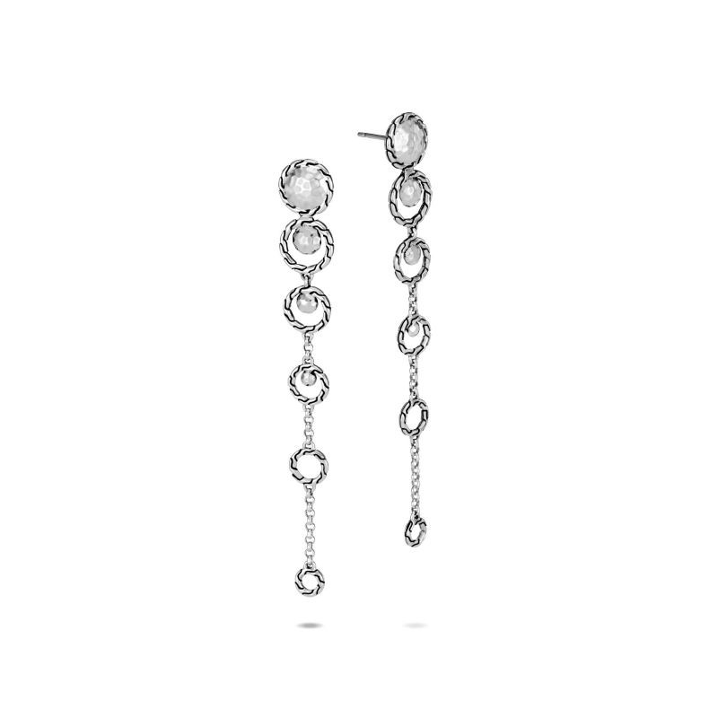 Silver Dot Hammered Long Drop Earrings