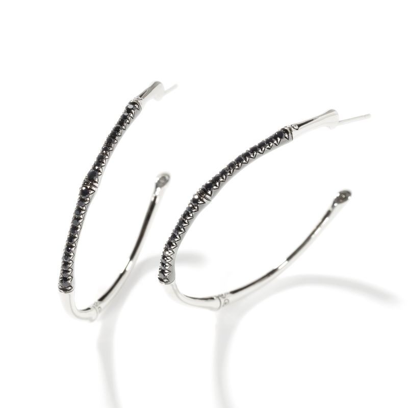 Silver Large Bamboo Lava Black Sapphire Hoop Earrings