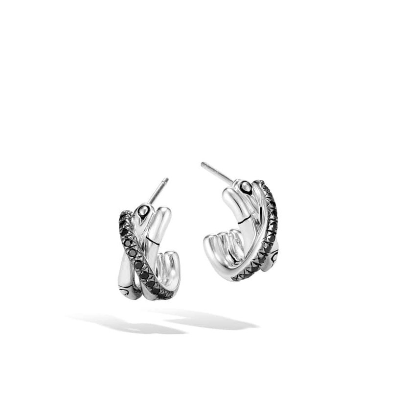 Silver Bamboo Black Sapphire Crossover J Hoop Earrings