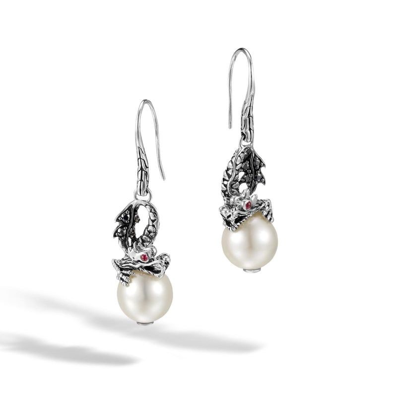 Silver Naga Lava Dragon Pearl Drop Earrings