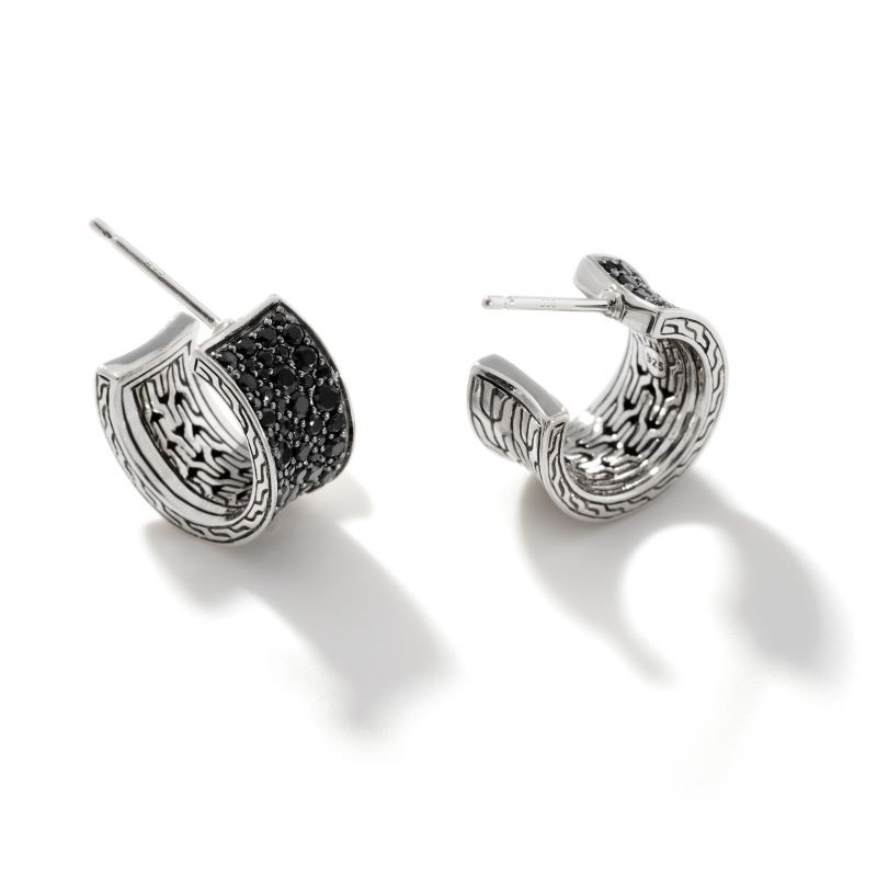 Silver Classic Chain Black Sapphire Hoop Earrings