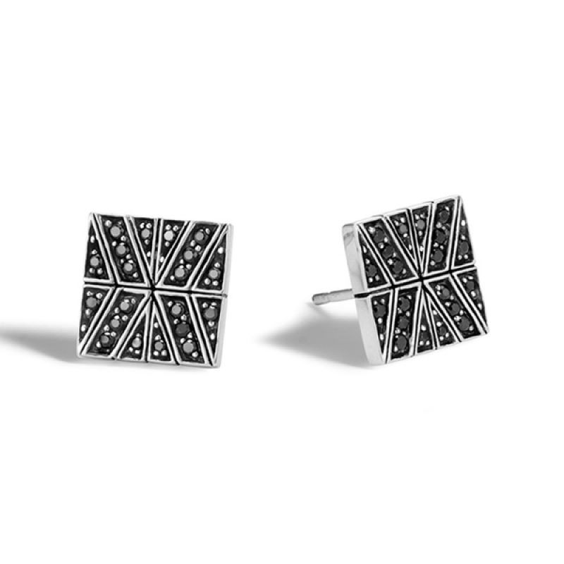 Silver Modern Chain Lava Black Sapphire Square Stud Earrings